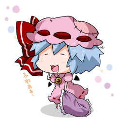 Rule 34 | 1girl, :3, bad id, bad pixiv id, bat wings, blue hair, bow, brooch, chibi, closed eyes, commentary request, detached wings, drooling, hat, hat bow, jewelry, mob cap, noai nioshi, open mouth, patch, patchouli knowledge, pillow, puffy short sleeves, puffy sleeves, red bow, remilia scarlet, short hair, short sleeves, solo, touhou, translation request, wings