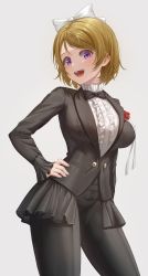 Rule 34 | 1girl, :d, absurdres, black bow, black pants, bow, brown hair, center frills, commentary, cowboy shot, flower, frills, grey background, hair bow, hand on own hip, highres, jacket, koizumi hanayo, looking at viewer, love live!, open mouth, pants, pocket, purple eyes, red flower, rose, shirt, short hair, simple background, smile, solo, standing, suit jacket, teeth, upper teeth only, white bow, white shirt, yj