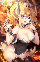 Rule 34 | 1girl, armlet, artist name, bare shoulders, black collar, black leotard, black thighhighs, blonde hair, blue eyes, blush, bowsette, bracelet, breasts, cleavage, collar, collarbone, commentary, covered navel, crown, earrings, fangs, fingernails, hair between eyes, hands up, head tilt, high ponytail, highres, jewelry, large breasts, leotard, long hair, looking at viewer, mario (series), mini crown, new super mario bros. u deluxe, nintendo, parted lips, pointy ears, ponytail, solo, spiked armlet, spiked bracelet, spiked collar, spiked tail, spikes, squchan, star (symbol), strapless, strapless leotard, super crown, super star (mario), symbol-only commentary, tail, thighhighs, tongue, tongue out, watermark, web address