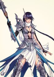 Rule 34 | 1girl, armor, black gloves, blue eyes, braid, breasts, cleavage, earrings, gauntlets, genderswap, genderswap (mtf), gloves, greaves, hair ornament, highres, holding, holding spear, holding weapon, jewelry, long hair, medium breasts, necklace, polearm, purple hair, romance of the three kingdoms, samurai, scarf, solo, spear, standing, stud earrings, weapon, wei (kaminari0411), white scarf, zhao yun