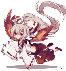 Rule 34 | 1girl, :&lt;, adapted costume, ahoge, alternate hairstyle, baggy pants, blush, bow, brown eyes, closed mouth, collared shirt, commentary request, expressionless, fiery wings, flying, fujiwara no mokou, hair between eyes, hair bow, high ponytail, long hair, long sleeves, looking at viewer, looking to the side, midriff, muuran, ofuda, pants, ponytail, red footwear, red pants, ribbon-trimmed sleeves, ribbon trim, shirt, shoes, sidelocks, signature, silver hair, sleeves past fingers, sleeves past wrists, solo, suspenders, touhou, very long hair, white background, white bow, white shirt, wings