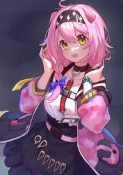 Rule 34 | 1girl, :d, absurdres, animal ears, arknights, black hairband, black skirt, blue bow, bow, braid, breasts, cat ears, commentary request, frilled skirt, frills, goldenglow (arknights), hair bow, hair over shoulder, hairband, hands up, highres, jacket, lightning bolt print, long hair, long sleeves, medium breasts, murasaki satori, open clothes, open jacket, open mouth, pink hair, pink jacket, print hairband, puffy long sleeves, puffy sleeves, scissors, shirt, single braid, skirt, smile, solo, white shirt, yellow eyes