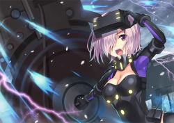 Rule 34 | 1girl, breasts, cleavage, fate/grand order, fate (series), gia kon, hair over one eye, holding, holding shield, looking at viewer, mash kyrielight, mash kyrielight (ortenaus), medium breasts, open mouth, pink hair, pixiv fate/grand order contest 2, purple eyes, shield, short hair, solo
