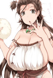 Rule 34 | 1girl, absurdres, bare shoulders, body markings, breasts, brown eyes, brown hair, cleavage, dress, facial mark, fate/grand order, fate (series), food, forehead, forehead mark, highres, himiko (fate), jewelry, large breasts, long hair, looking at viewer, magatama, magatama necklace, necklace, onigiri, open mouth, rice, sash, sideboob, solo, topknot, translation request, tsukasawa takamatsu, twintails, white dress