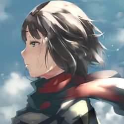 Rule 34 | 1girl, blue eyes, brown hair, c.c.r (ccrgaoooo), crying, from side, highres, original, red scarf, scarf, short hair, sky, solo