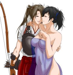 Rule 34 | 10s, 2girls, :d, alternate costume, arm around neck, arm at side, arm grab, armor, bare arms, bare shoulders, black hair, blue dress, blue ribbon, bow (weapon), breastplate, breasts, brown gloves, brown hair, c:, chin poke, cleavage, closed eyes, closed mouth, collarbone, couple, dress, face-to-face, female focus, gloves, groin, hair ribbon, hakama, hakama short skirt, hakama skirt, hand up, highres, holding, holding bow (weapon), holding weapon, hug, imminent kiss, index finger raised, japanese clothes, kaga (kancolle), kantai collection, large breasts, long hair, multiple girls, muneate, navel, neck, open mouth, poking, quiver, red hakama, ribbon, see-through, short hair, side ponytail, side slit, single glove, skirt, smile, sozan, standing, strapless, strapless dress, twintails, weapon, white background, white ribbon, yuri, zuikaku (kancolle)