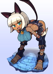Rule 34 | 1girl, ass, belt pouch, bent over, blue background, blue eyes, blush, bob cut, breasts, cat girl, claws, collar, crop top, dark-skinned female, dark skin, detached leggings, fangs, fingerless gloves, gloves, hands on own knees, hanging breasts, highres, imeni-art, large breasts, leaning forward, looking at viewer, ms. fortune (skullgirls), neck bell, open mouth, pouch, scar, sharp teeth, short hair, skullgirls, smile, solo, sports bikini, teeth, white hair