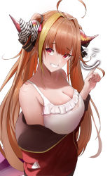 Rule 34 | absurdres, ahoge, bare shoulders, blonde hair, breasts, camisole, cleavage, dragon girl, dragon horns, dragon tail, frilled camisole, frills, from side, grin, hair intakes, hair ribbon, highres, hololive, horns, jacket, kiryu coco, kiryu coco (loungewear), large breasts, long hair, multicolored hair, off shoulder, official alternate costume, orange hair, red eyes, red jacket, ribbon, smile, solo, spaghetti strap, streaked hair, tail, twintails, upper body, virtual youtuber, wanne, white camisole