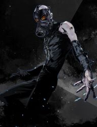 Rule 34 | arm belt, bald, barcode, belt, black gloves, chest belt, cofffee, detached sleeves, gas mask, gloves, male focus, mask, metal gear (series), metal gear solid, military, o-ring, o-ring belt, psycho mantis, single glove, sleeveless, solo, tattoo, yellow eyes
