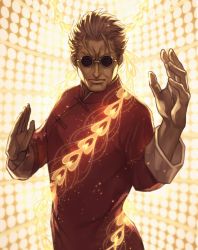 Rule 34 | 1boy, backlighting, chinese clothes, cowboy shot, fate/grand order, fate (series), fighting stance, frown, hair slicked back, hand up, highres, li shuwen (fate), li shuwen (fate/grand order), li shuwen (old) (fate), long hair, male focus, old, old man, pectorals, renga2250, short hair, solo, sunglasses, white hair, wrinkled skin