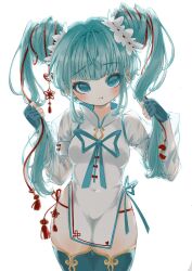 Rule 34 | 1girl, aqua eyes, aqua hair, aqua ribbon, blush, breasts, china dress, chinese clothes, cowboy shot, double bun, dress, fingerless gloves, gloves, hair bun, hatsune miku, highres, holding, holding own hair, long hair, long sleeves, looking at viewer, panties, pelvic curtain, pout, red panties, red ribbon, red tassel, revision, ribbon, see-through, see-through sleeves, side-tie panties, side slit, sidelocks, simple background, small breasts, solo, subetehakai, tassel, thighhighs, twintails, underwear, vocaloid, white background, white dress