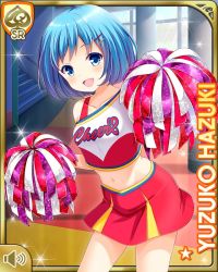 Rule 34 | 1girl, blue eyes, blue hair, card, character name, cheerleader, day, girlfriend (kari), hazuki yuzuko, indoors, midriff, navel, official art, open mouth, pompoms, qp:flapper, red footwear, red shirt, red skirt, shirt, shoes, short hair, skirt, smile, solo, standing, tagme