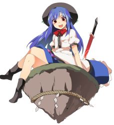Rule 34 | 1girl, bad id, bad twitter id, black socks, blue hair, blush, bow, bowtie, crossed legs, dress, full body, hasebe yuusaku, hat, hinanawi tenshi, long hair, looking at viewer, open mouth, puffy sleeves, red eyes, rock, rope, shimenawa, short sleeves, simple background, sitting, socks, solo, sword of hisou, touhou, white background
