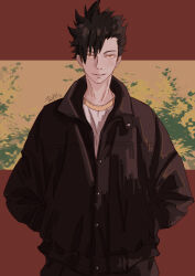 Rule 34 | 1boy, absurdres, asymmetrical bangs, black coat, black hair, black pants, black sleeves, buttons, chinese commentary, coat, collared coat, commentary, cowboy shot, dated, haikyuu!!, hands in pockets, highres, kuroo tetsurou, light smile, long sleeves, looking at viewer, male focus, orange sky, pants, parted lips, red background, sanshui guantang, shirt, short hair, signature, simple background, sky, solo, straight-on, sunset, teeth, thick eyebrows, tree, white shirt, yellow eyes