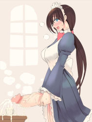 Rule 34 | 1girl, bad id, bad pixiv id, blue eyes, blush, breath, brown hair, censored, clothes lift, cum, cum in container, cum in cup, cup, dress, dress lift, ejaculation, erection, from side, futanari, highres, indoors, jajala, large penis, long hair, looking at viewer, maid, maid headdress, mosaic censoring, open mouth, original, penis, ponytail, puffy sleeves, smile, solo, steam, sweat, teacup, veins, veiny penis, very long hair