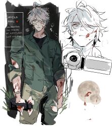 Rule 34 | 1boy, alhaitham (genshin impact), blood, blood on arm, blood on hands, camera, closed mouth, collared shirt, genshin impact, glasses, green shirt, grey hair, hair over one eye, highres, holding, holding camera, mmme0709, shirt, short hair, solo, white background
