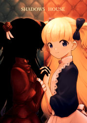 Rule 34 | 2girls, absurdres, black dress, blonde hair, blue bow, blue eyes, bow, commentary request, copyright name, dress, emilico (shadows house), english text, flower, hair bow, hair flower, hair ornament, highres, interlocked fingers, juliet sleeves, kate (shadows house), long hair, long sleeves, looking at viewer, multiple girls, onimaru gonpei, puffy sleeves, red dress, shadows house, smile, two side up, upper body