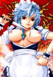 Rule 34 | 1girl, bad id, bad pixiv id, blood, blue hair, braid, breasts, breasts out, female focus, injury, izayoi sakuya, knife, maid, maid headdress, nipples, no bra, open clothes, open shirt, red eyes, shirt, short hair, silver hair, solo, embodiment of scarlet devil, throwing knife, touhou, twin braids, weapon, yamasan (hachiman)