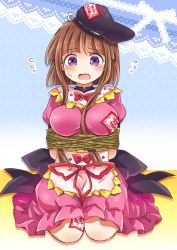 Rule 34 | 1girl, apron, arms behind back, between breasts, black hat, blue background, blush, bound, bow, breasts, brown hair, commentary request, dress, flying sweatdrops, full body, hat, hat ribbon, lace trim, large breasts, looking at viewer, nishida satono, ofuda, open mouth, pink dress, pote (ptkan), puffy short sleeves, puffy sleeves, purple eyes, red bow, red ribbon, ribbon, rope, short hair with long locks, short sleeves, sidelocks, sitting, solo, sweatdrop, tagme, tearing up, tears, tied up (nonsexual), touhou, two-tone background, waist apron, wariza, white apron, white ribbon, yellow background