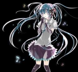 Rule 34 | 1girl, aqua eyes, aqua hair, bad id, bad pixiv id, flower, gloves, hair flower, hair ornament, own hands clasped, hatsune miku, laruha, long hair, musical note, necktie, own hands together, skirt, smile, solo, thighhighs, twintails, vocaloid, zettai ryouiki