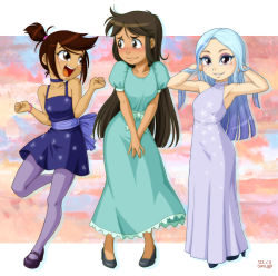 Rule 34 | 2022, 3girls, andrea davenport, animification, armpits, asian, blue hair, blush, bracelet, brown eyes, brown hair, collar, dancing, dark-skinned female, dark skin, dated, disney, dress, embarrassed, full body, green dress, grin, high heels, jewelry, jewish (nationality), libby stein-torres, long dress, long hair, looking at another, looking at viewer, medium hair, molly mcgee, multicolored hair, multiple girls, open mouth, pantyhose, patterned background, ponytail, purple dress, purple footwear, purple tights, short dress, signature, smile, streaked hair, the ghost and molly mcgee, uotapo