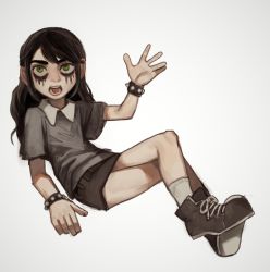 Rule 34 | 1girl, ankle boots, black hair, black skirt, boots, brown footwear, crossed legs, dylan beekler, from side, golan the insatiable, grey shirt, hand up, highres, invisible chair, long hair, looking at viewer, looking to the side, makeup, mascara, miniskirt, mossacannibalis, open mouth, runny makeup, shirt, simple background, sitting, skirt, socks, solo, studded bracelet, white background, white legwear