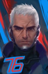 Rule 34 | 1boy, bodysuit, jacket, male focus, overwatch, overwatch 1, portrait, realistic, scar, scar across face, serious, short hair, soldier: 76 (overwatch), solo, white hair, yy6242
