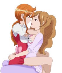 Rule 34 | 2girls, blush, breasts, brown eyes, brown hair, charlotte pudding, cleavage, derivative work, highres, hug, imminent kiss, large breasts, leg lock, legs, long hair, looking at another, multiple girls, nami (one piece), nami (one piece) (whole cake island), one piece, orange hair, pantyhose, ponytail, sitting, skirt, transparent background, white background, yuri