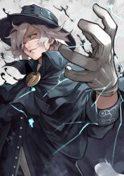Rule 34 | 1boy, black cape, black hat, black neckwear, cape, edmond dantes (fate), electricity, fate/grand order, fate (series), gankutsuou, gloves, grey background, grin, hair over one eye, hat, highres, long sleeves, looking at viewer, male focus, medium hair, parted lips, slit pupils, smile, solo, teeth, upper body, white gloves, white hair, yellow eyes, yoshio (55level)