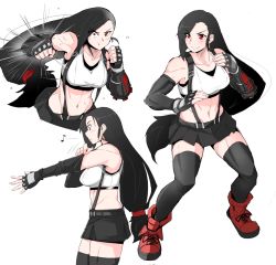 Rule 34 | 1girl, black gloves, black hair, black skirt, black thighhighs, boots, collarbone, earrings, elbow pads, final fantasy, final fantasy vii, fingerless gloves, gloves, jewelry, long hair, low-tied long hair, md5 mismatch, midriff, multiple views, musical note, nexas, red eyes, red footwear, resolution mismatch, shirt, simple background, skirt, source smaller, spoken musical note, square enix, suspender skirt, suspenders, sweat, tank top, taut clothes, taut shirt, thighhighs, tifa lockhart, white background, white tank top