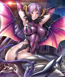 Rule 34 | 1girl, ass, bare shoulders, black thighhighs, boots, breasts, commentary request, covered erect nipples, covered navel, curvy, demon girl, demon horns, demon tail, demon wings, elbow gloves, female focus, fishnets, fuuma saika, gloves, highleg, highleg leotard, highres, hip focus, horns, huge ass, impossible clothes, impossible leotard, large breasts, leotard, lilith-soft, lipstick, long hair, looking at viewer, makeup, mole, mole under eye, pale skin, parted lips, purple hair, purple leotard, red eyes, shiny clothes, shiny skin, sitting, skin tight, smile, solo, tail, taimanin (series), taimanin asagi kessen arena, teeth, thighhighs, thighs, third eye, wide hips, wings, zol