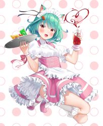 Rule 34 | 1girl, :d, alternate costume, animal ear fluff, animal ears, apron, blush, bottle, breasts, cat ears, collared shirt, colored tips, cup, drink, drinking glass, food, frilled apron, frilled skirt, frilled socks, frills, green hair, heart, highres, holding, holding bottle, holding tray, hololive, ice, ice cube, k mugura, ketchup, ketchup bottle, kneehighs, looking at viewer, maid headdress, multicolored hair, omelet, omurice, open mouth, pink footwear, pink skirt, polka dot, polka dot background, puffy short sleeves, puffy sleeves, red eyes, shirt, shoes, short sleeves, skirt, small breasts, smile, socks, solo, tray, uruha rushia, virtual youtuber, waist apron, white apron, white background, white shirt, white socks, wrist cuffs