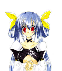Rule 34 | 1girl, :o, arc system works, blue hair, blush, breasts, clothing cutout, dizzy (guilty gear), guilty gear, large breasts, looking at viewer, lowres, parted lips, praying, red eyes, simple background, solo, underboob, underboob cutout, upper body, white background