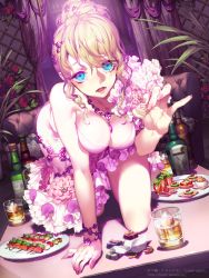 Rule 34 | 10s, 1girl, ayase eli, bent over, blonde hair, blue eyes, breasts, chocolate, cleavage, copyright name, dress, incoming food, jewelry, love live!, love live! school idol project, necklace, pika (kai9464), plate, solo, table, tenka touitsu chronicle