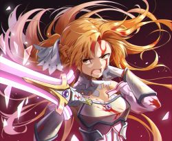 Rule 34 | 1girl, armor, asuna (sao), asuna (stacia), blood, blood on arm, blood on clothes, blood on face, braid, breastplate, breasts, brown eyes, brown hair, cleavage, commentary request, detached sleeves, floating hair, gloves, gradient background, hair ornament, hair ribbon, highres, holding, holding sword, holding weapon, holiday (pangjelly), long hair, looking at viewer, lower teeth only, medium breasts, open mouth, red background, ribbon, solo, sword, sword art online, sword art online: alicization, sword art online: alicization - war of underworld, teeth, weapon, white gloves, white ribbon