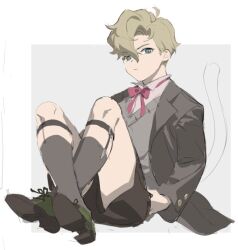 Rule 34 | 1boy, ace attorney, aged down, blonde hair, blue eyes, brown shorts, closed mouth, collared shirt, full body, grey jacket, grey socks, grey vest, herlock sholmes, jacket, kitto ha, knees up, long sleeves, looking at viewer, male focus, neck ribbon, open clothes, open jacket, pink ribbon, pink shirt, ribbon, shirt, shoes, short hair, shorts, sitting, socks, solo, the great ace attorney, vest