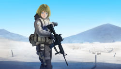 Rule 34 | 1girl, absurdres, assault rifle, badge, bag, belt, black gloves, blonde hair, blue eyes, blue sky, blush, breath, call of duty, call of duty: modern warfare 2, closed mouth, day, desert, english text, gloves, gun, handgun, highres, holding, holding gun, holding weapon, holster, hood, hood down, kumamon (a20130122), load bearing vest, long sleeves, looking at viewer, m4 carbine, military, military uniform, mole, mole under eye, mountain, original, outdoors, outstretched arm, pants, pistol, pointing, red lips, rifle, scenery, shade, short hair, shoulder holster, sky, solo, standing, stick, text focus, thigh holster, trigger discipline, uniform, weapon