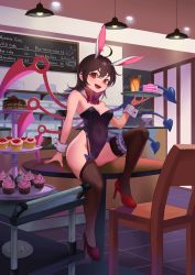 Rule 34 | 1girl, ahoge, alternate costume, animal ears, arm support, asymmetrical wings, black hair, black leotard, black thighhighs, blue bow, blush, bow, bowtie, breasts, cake, ceiling light, chair, chocolate cake, cleavage, commentary request, commission, covered navel, cupcake, fang, food, footrest, garter straps, hair between eyes, high heels, highres, holding, holding tray, houjuu nue, indoors, knee up, legband, leotard, light rays, looking at viewer, medium breasts, medium hair, nail polish, open mouth, plate, plate stack, playboy bunny, rabbit ears, recare, red bow, red bowtie, red eyes, red footwear, red nails, sitting, sitting on table, smile, solo, thighhighs, touhou, tray, v-shaped eyebrows, vending cart, wings, wrist cuffs