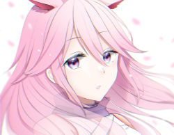 Rule 34 | 1girl, animal ears, bare shoulders, close-up, fox ears, honkai (series), honkai impact 3rd, japanese clothes, long hair, looking at viewer, miko, open mouth, petals, pink hair, portrait, purple eyes, purple scarf, scarf, simple background, solo, teeth, white background, yae sakura, yae sakura (gyakushinn miko), yukki 0125