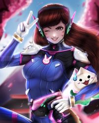 Rule 34 | 1girl, absurdres, animal print, backlighting, blue sky, bodysuit, bracer, breasts, brown eyes, brown hair, cherry blossoms, d.va (overwatch), day, facepaint, facial mark, finger on trigger, glint, gloves, grin, gun, handgun, headphones, high collar, highres, holding, holding gun, holding weapon, leg up, long hair, looking at viewer, magato98, medium breasts, one eye closed, outdoors, overwatch, overwatch 1, pachimari, petals, pilot suit, pink lips, pistol, rabbit print, ribbed bodysuit, shoulder pads, skin tight, sky, smile, solo, stuffed animal, stuffed octopus, stuffed toy, sweatdrop, swept bangs, upper body, v, watermark, weapon, web address, whisker markings, white gloves