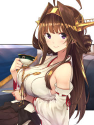 Rule 34 | 10s, 1girl, absurdres, ahoge, baffu, bare shoulders, blush, breasts, brown hair, closed mouth, cup, detached sleeves, double bun, eyebrows, hair bun, hairband, headgear, highres, japanese clothes, kantai collection, kongou (kancolle), long hair, looking at viewer, personification, purple eyes, red ribbon, ribbon, ribbon-trimmed sleeves, ribbon trim, sitting, smile, solo, teacup, very long hair