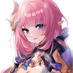 Rule 34 | 1girl, :d, blue eyes, breasts, cleavage, close-up, elf, elysia (honkai impact), elysia (miss pink elf) (honkai impact), guzangnanfeng, hair ornament, highres, honkai (series), honkai impact 3rd, long hair, looking at viewer, open mouth, pink hair, pointy ears, ponytail, simple background, smile, solo, white background