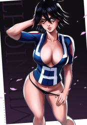 Rule 34 | 10s, 1girl, aged down, arm behind head, arm up, artist name, black hair, black panties, blue eyes, blush, boku no hero academia, breasts, character name, cherry blossoms, cleavage, collarbone, commentary, dandon fuga, domino mask, english commentary, facing viewer, hair between eyes, hand in own hair, hand up, happy, jacket, large breasts, looking to the side, mask, midnight (boku no hero academia), mole, mole under eye, naughty face, no bra, no pants, one eye closed, open clothes, open mouth, open shirt, panties, panty pull, parted lips, partially open shirt, partially unzipped, school uniform, seductive smile, short hair, short sleeves, smile, solo, spiked hair, standing, teeth, u.a. school uniform, underwear, undressing, wink
