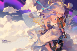 Rule 34 | 1girl, ahoge, bare shoulders, blue eyes, breasts, cleavage, dress, fish, holding, holding instrument, holding violin, instrument, large breasts, long hair, music, off shoulder, original, parted lips, playing instrument, rei (sanbonzakura), silver hair, sitting, solo, violin, white dress