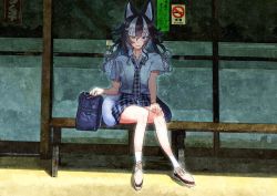 Rule 34 | 1girl, absurdres, alternate costume, animal ears, bad id, bad pixiv id, bag, bench, black hair, blue eyes, blush, brown eyes, checkered clothes, checkered necktie, checkered neckwear, closed mouth, collarbone, collared shirt, day, duffel bag, grey wolf (kemono friends), heterochromia, highres, huge filesize, kemono friends, long hair, looking at viewer, necktie, outdoors, ponta (matsuokazieg), shade, shirt, sitting, smile, solo, tail, white hair, white shirt, wolf ears, wolf tail