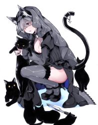 Rule 34 | 1girl, animal, animal ears, black cat, black dress, black footwear, black tail, black veil, breasts, cat, cat ears, cat tail, cleavage, commentary request, dress, fake animal ears, fake tail, funeral dress, grey eyes, grey hair, grey thighhighs, heel up, high heels, highres, holding, holding animal, holding cat, knife, large breasts, mina mathers, nanaheibei 3, open mouth, solo, squatting, tail, tail ornament, tail raised, thighhighs, toaru majutsu no index, toaru majutsu no index: new testament, veil, white background
