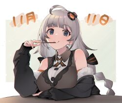 Rule 34 | 1girl, ahoge, bare shoulders, black bow, black jacket, blue eyes, blunt bangs, bow, braid, breasts, brown shirt, closed mouth, collared shirt, commentary request, date pun, dated, food, food in mouth, food on hand, grey hair, hair bow, hair ornament, hand on table, highres, holding, holding food, holding pocky, jacket, jacket partially removed, kizuna akari, large breasts, long hair, long sleeves, looking at viewer, multiple hair bows, number pun, pocky, pocky day, shirinda fureiru, shirt, simple background, sleeveless, sleeveless shirt, smile, solo, twin braids, upper body, voiceroid
