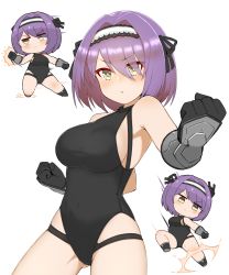 Rule 34 | 1girl, armpits, azur lane, bare shoulders, black gloves, black leotard, blush, breasts, cap105, chibi, chibi inset, clenched hands, closed mouth, commentary request, covered navel, cowboy shot, eyes visible through hair, full body, gauntlets, gloucester (azur lane), gloves, gluteal fold, hair between eyes, hair over one eye, hairband, highleg, highres, lace-trimmed hairband, lace trim, large breasts, leotard, looking at viewer, motion lines, punching, purple hair, short hair, sidelocks, simple background, standing, swept bangs, taut leotard, white background, yellow eyes