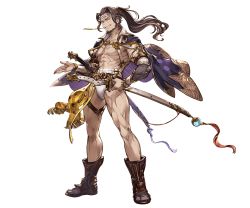 Rule 34 | 10s, 1boy, abs, bare shoulders, beard, belt, boots, brown eyes, brown hair, facial hair, full body, fundoshi, granblue fantasy, headband, jacket, jacket on shoulders, japanese clothes, jin (granblue fantasy), katana, long hair, male focus, male underwear, minaba hideo, official art, ponytail, scar, topless male, solo, sword, teeth, transparent background, weapon, white male underwear