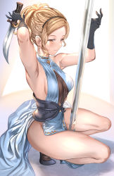 Rule 34 | 1girl, aldehyde, armpits, arms up, bare legs, black gloves, blonde hair, blue dress, breasts, brown eyes, closed mouth, djeeta (granblue fantasy), dress, earrings, gloves, granblue fantasy, half-closed eyes, high heels, highres, holding, holding knife, jewelry, knife, light smile, medium breasts, pelvic curtain, short hair, short ponytail, sleeveless, sleeveless dress, smart elegance (granblue fantasy), solo, squatting